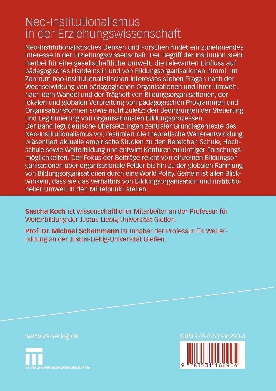 Rückseite: 9783531162904 | Neo-Institutionalismus in der Erziehungswissenschaft | Taschenbuch