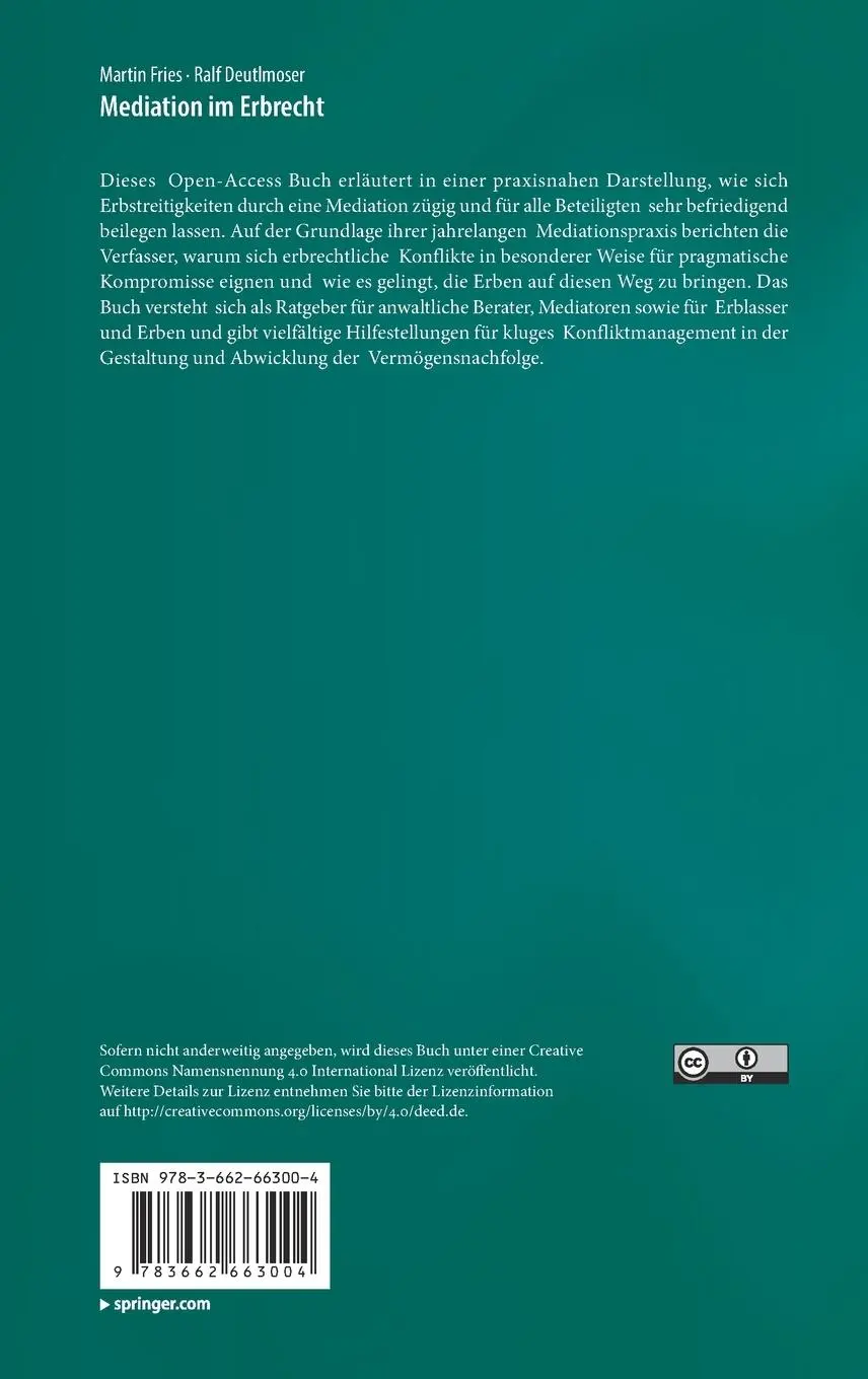 Rückseite: 9783662663004 | Mediation im Erbrecht | Ralf Deutlmoser (u. a.) | Buch | ix | Deutsch