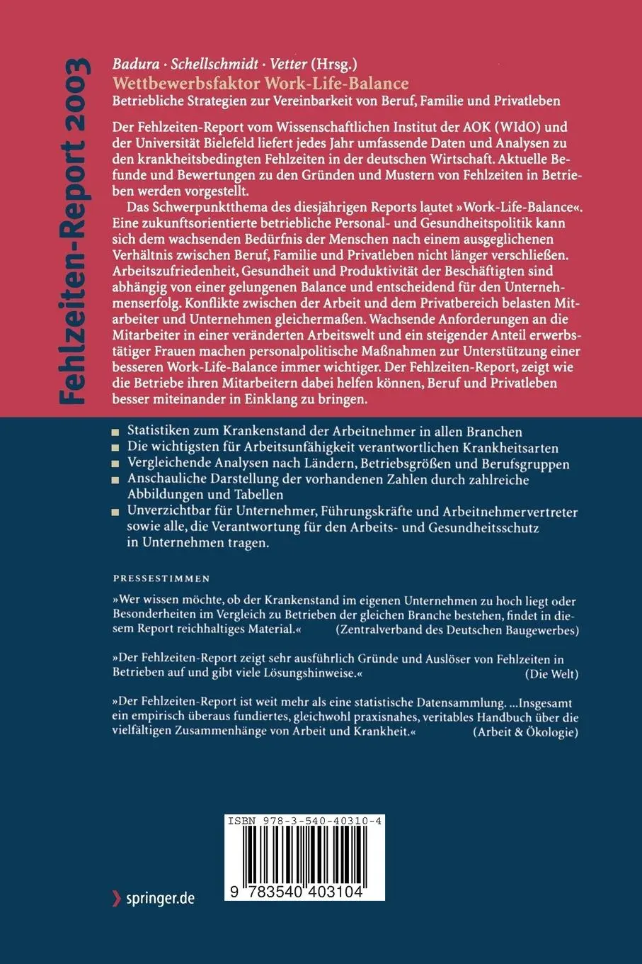 Rückseite: 9783540403104 | Fehlzeiten-Report 2003 | Bernhard Badura (u. a.) | Taschenbuch | xi