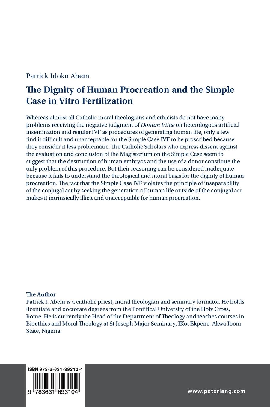 Rückseite: 9783631893104 | The Dignity of Human Procreation and the Simple Case In Vitro...