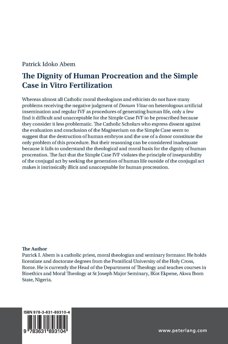 Rückseite: 9783631893104 | The Dignity of Human Procreation and the Simple Case In Vitro...