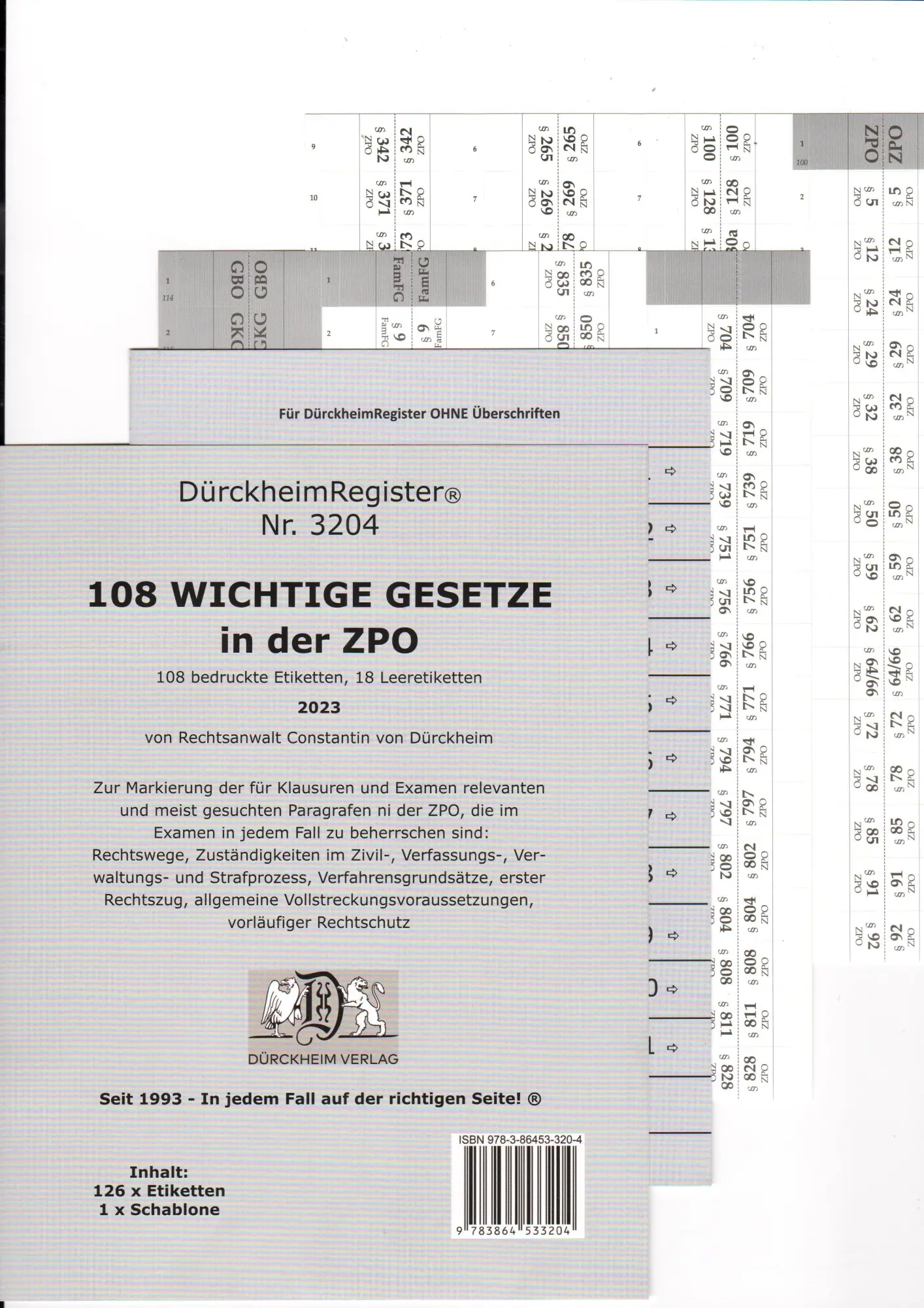 Cover: 9783864533204 | DürckheimRegister® 108 WICHTIGE §§ in der ZPO, ohne Stichworte | 4 S.