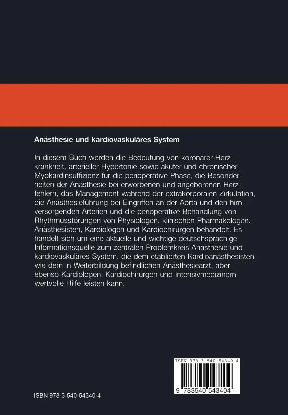 Rückseite: 9783540543404 | Anästhesie und kardiovaskuläres System | Thomas Pasch (u. a.) | Buch