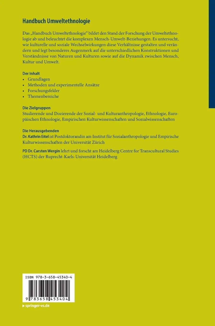 Rückseite: 9783658453404 | Handbuch Umweltethnologie | Carsten Wergin (u. a.) | Buch | ix | 2025