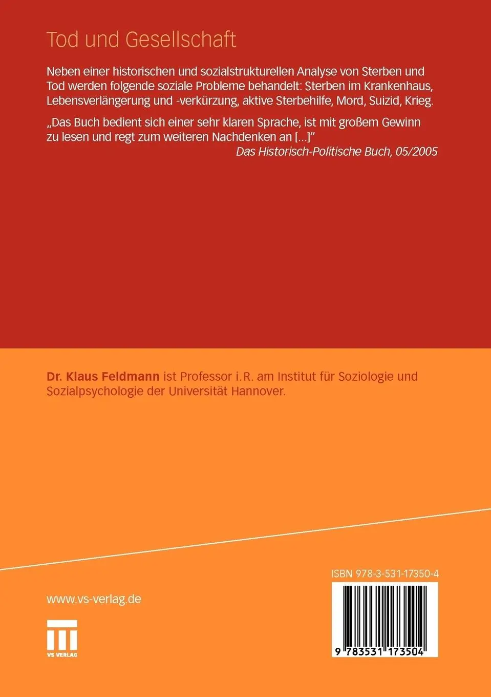 Rückseite: 9783531173504 | Tod und Gesellschaft | Klaus Feldmann | Taschenbuch | 284 S. | Deutsch