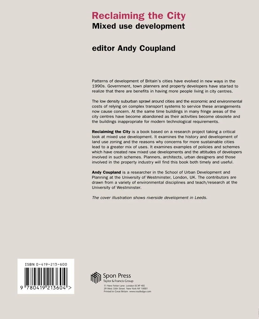 Rückseite: 9780419213604 | Reclaiming the City | Mixed use development | Andy Coupland | Buch