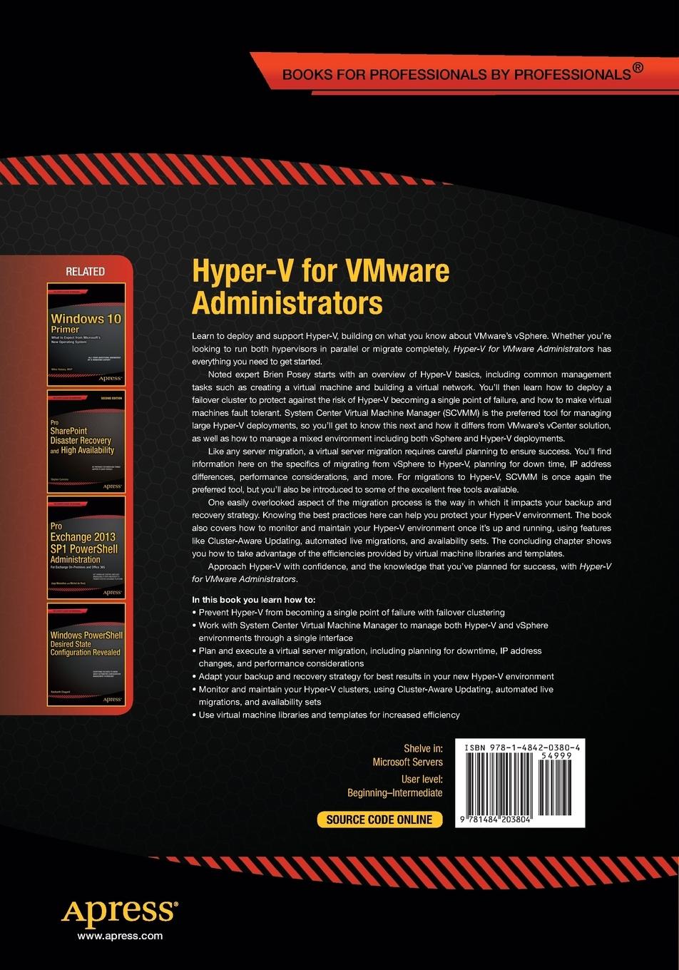 Rückseite: 9781484203804 | Hyper-V for VMware Administrators | Brien Posey | Taschenbuch | xx