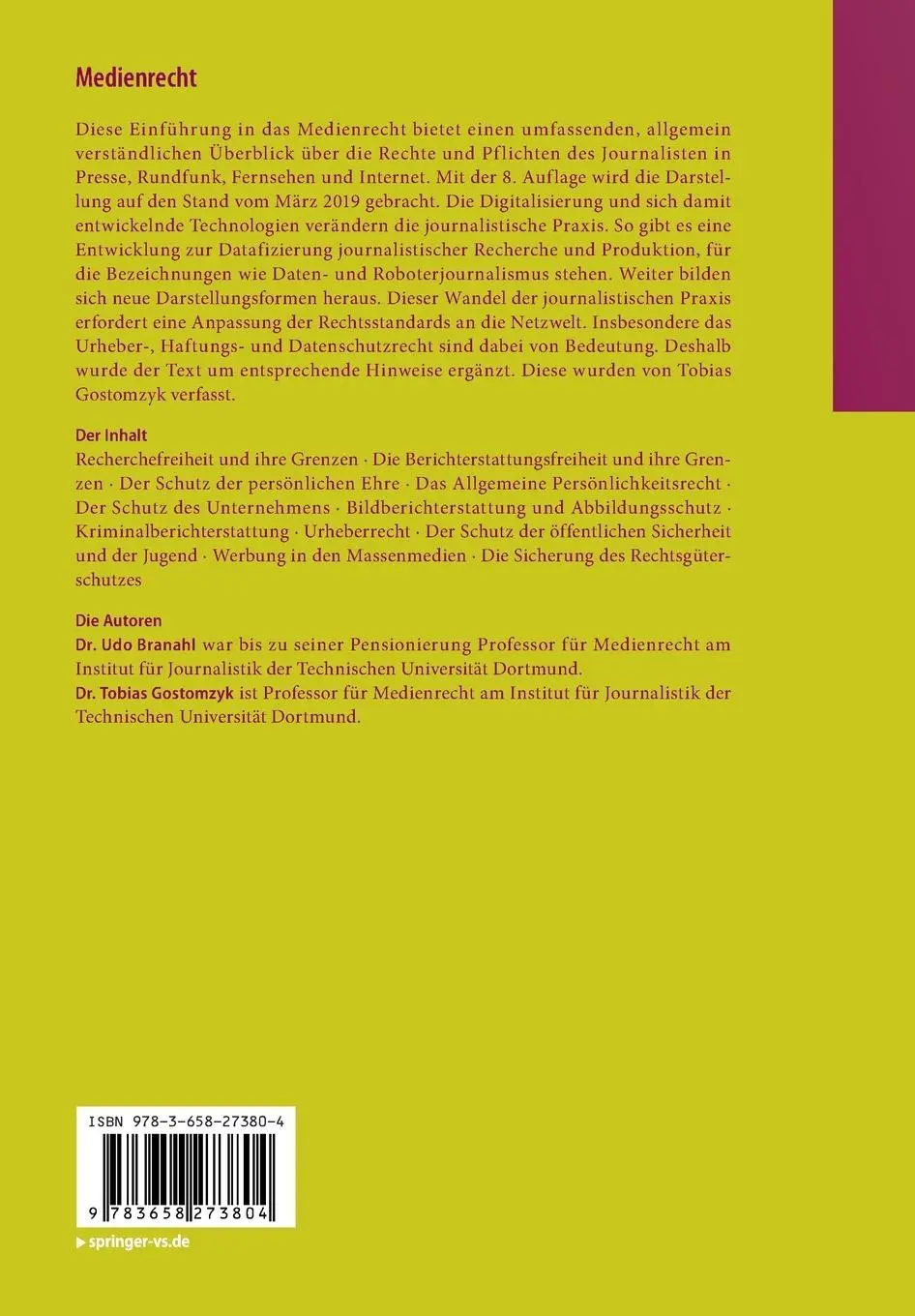 Rückseite: 9783658273804 | Medienrecht | Eine Einführung | Udo Branahl | Taschenbuch | xii | 2019