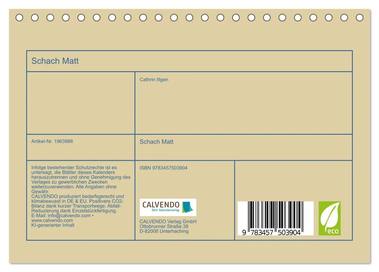Bild: 9783457503904 | Schach Matt (Tischkalender 2026 DIN A5 quer), CALVENDO Monatskalender