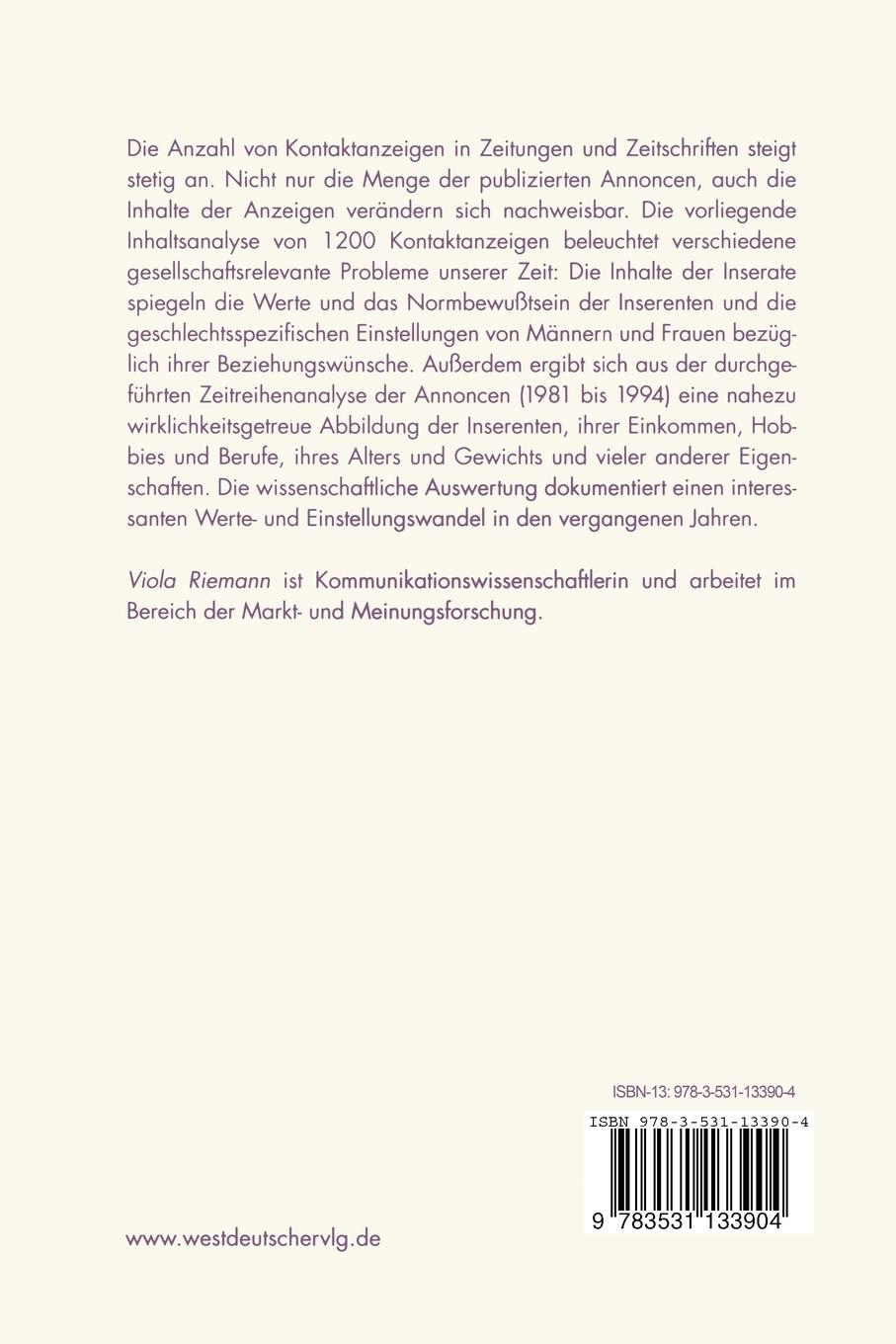 Rückseite: 9783531133904 | Kontaktanzeigen im Wandel der Zeit | Eine Inhaltsanalyse | Riemann