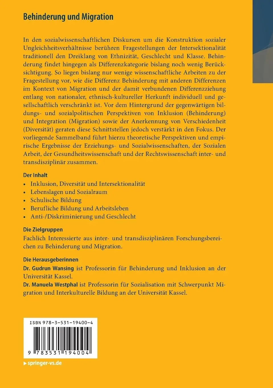 Rückseite: 9783531194004 | Behinderung und Migration | Inklusion, Diversität, Intersektionalität