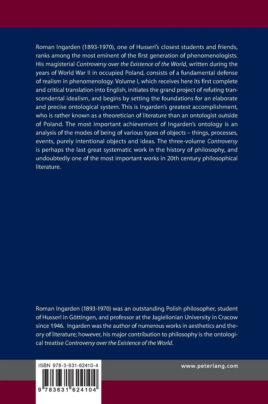 Rückseite: 9783631624104 | Controversy over the Existence of the World | Volume I | Ingarden