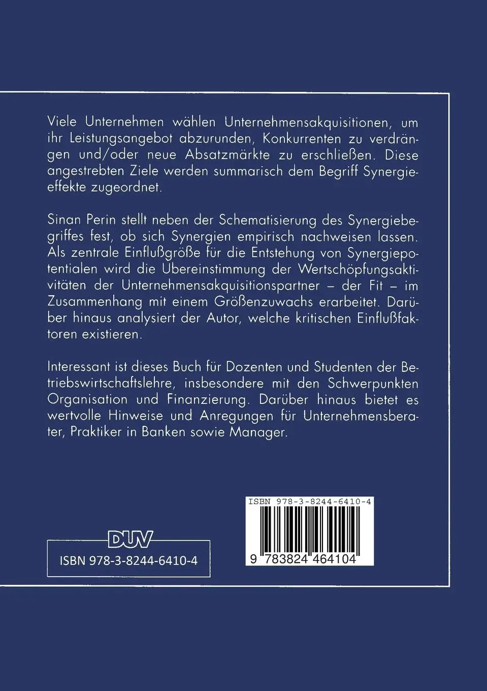 Rückseite: 9783824464104 | Synergien bei Unternehmensakquisitionen | Sinan Perin | Taschenbuch