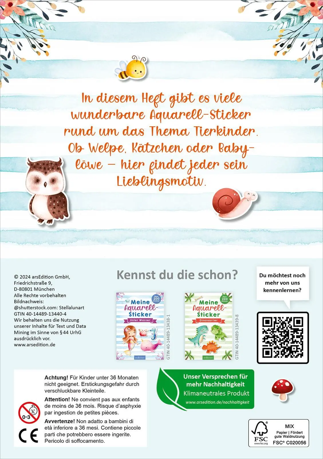 Rückseite: 4014489134404 | Meine Aquarell-Sticker - Tierkinder | Über 200 Sticker | 16 S. | 2024