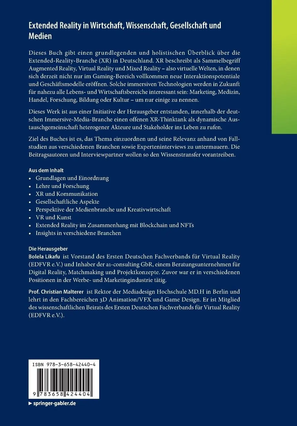 Rückseite: 9783658424404 | Extended Reality in Wirtschaft, Wissenschaft, Gesellschaft und Medien