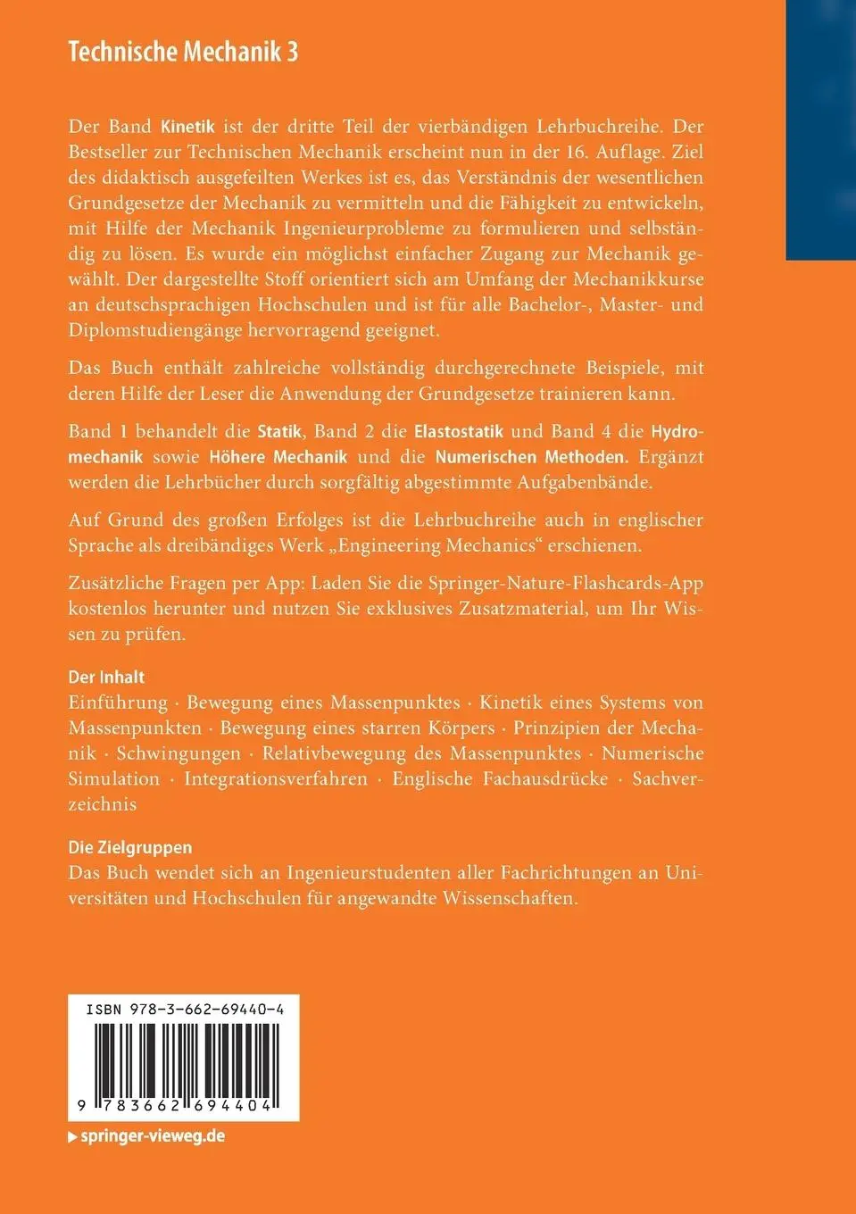 Rückseite: 9783662694404 | Technische Mechanik 3 | Kinetik | Dietmar Gross (u. a.) | Taschenbuch