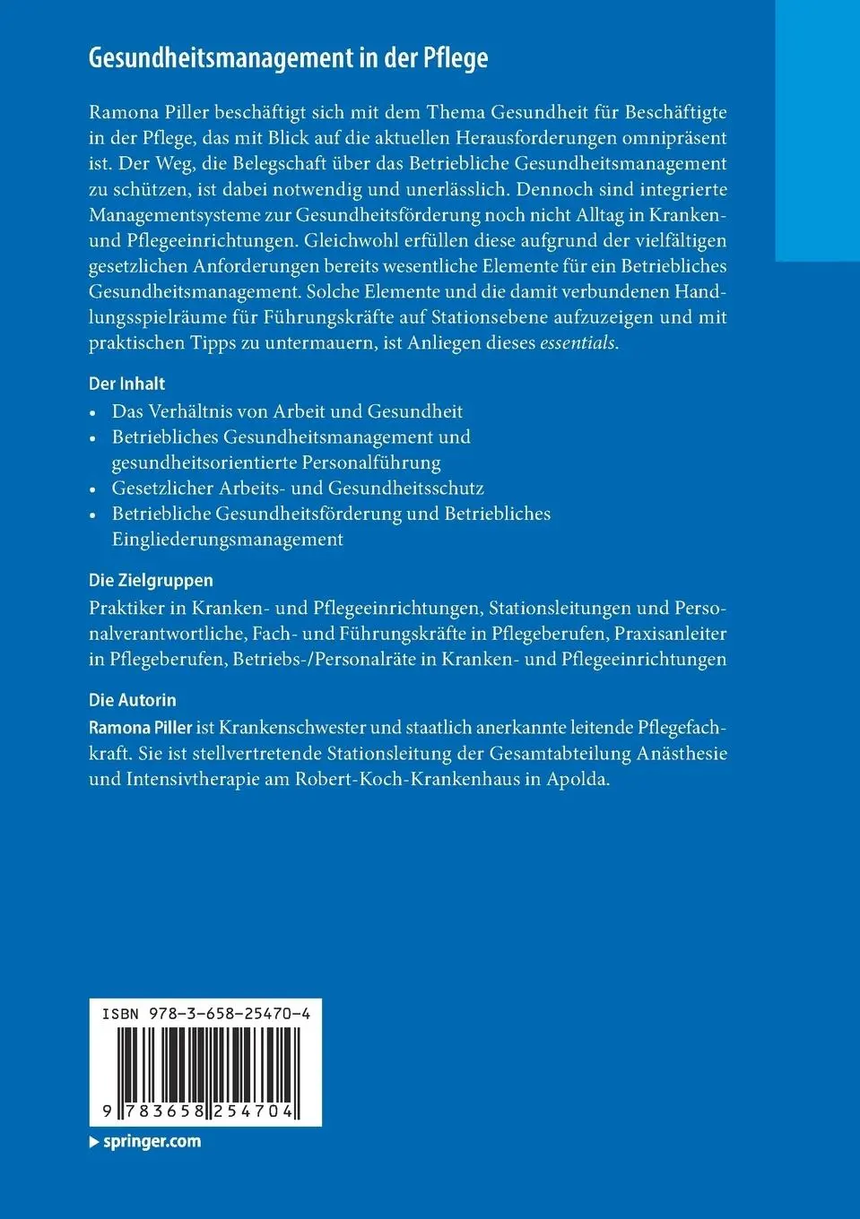 Rückseite: 9783658254704 | Gesundheitsmanagement in der Pflege | Ramona Piller | Taschenbuch
