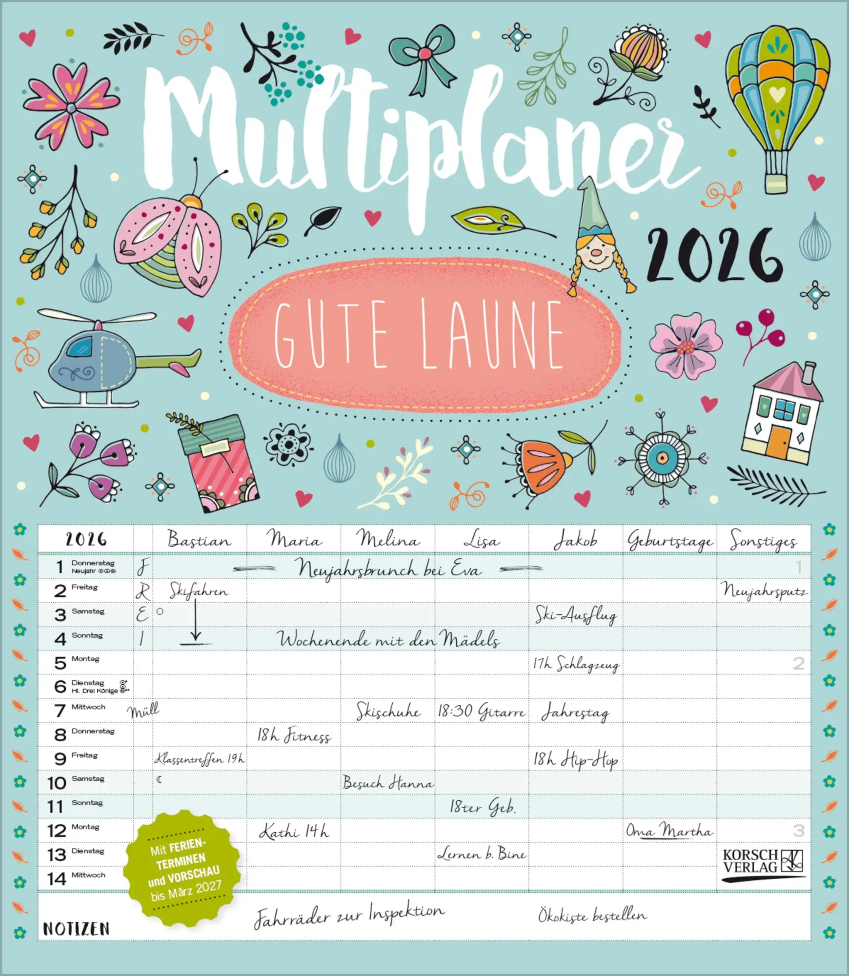 Cover: 9783731884804 | Multiplaner - Gute Laune 2026 | Verlag Korsch | Kalender | 14 S. Cover: 9783731884804 | Multiplaner - Gute Laune 2026 | Verlag Korsch | Kalender | 14 S.