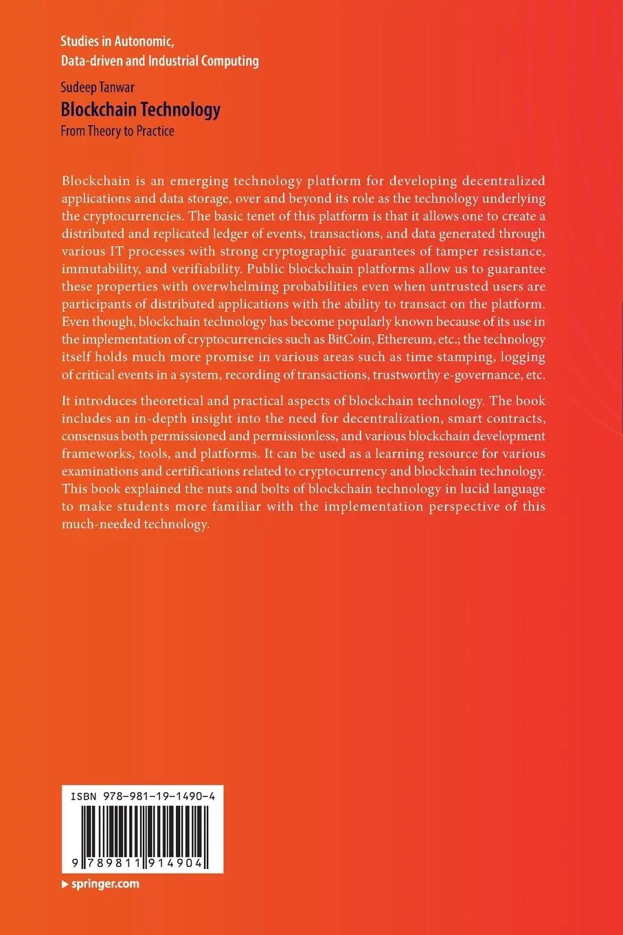 Rückseite: 9789811914904 | Blockchain Technology | From Theory to Practice | Sudeep Tanwar | Buch