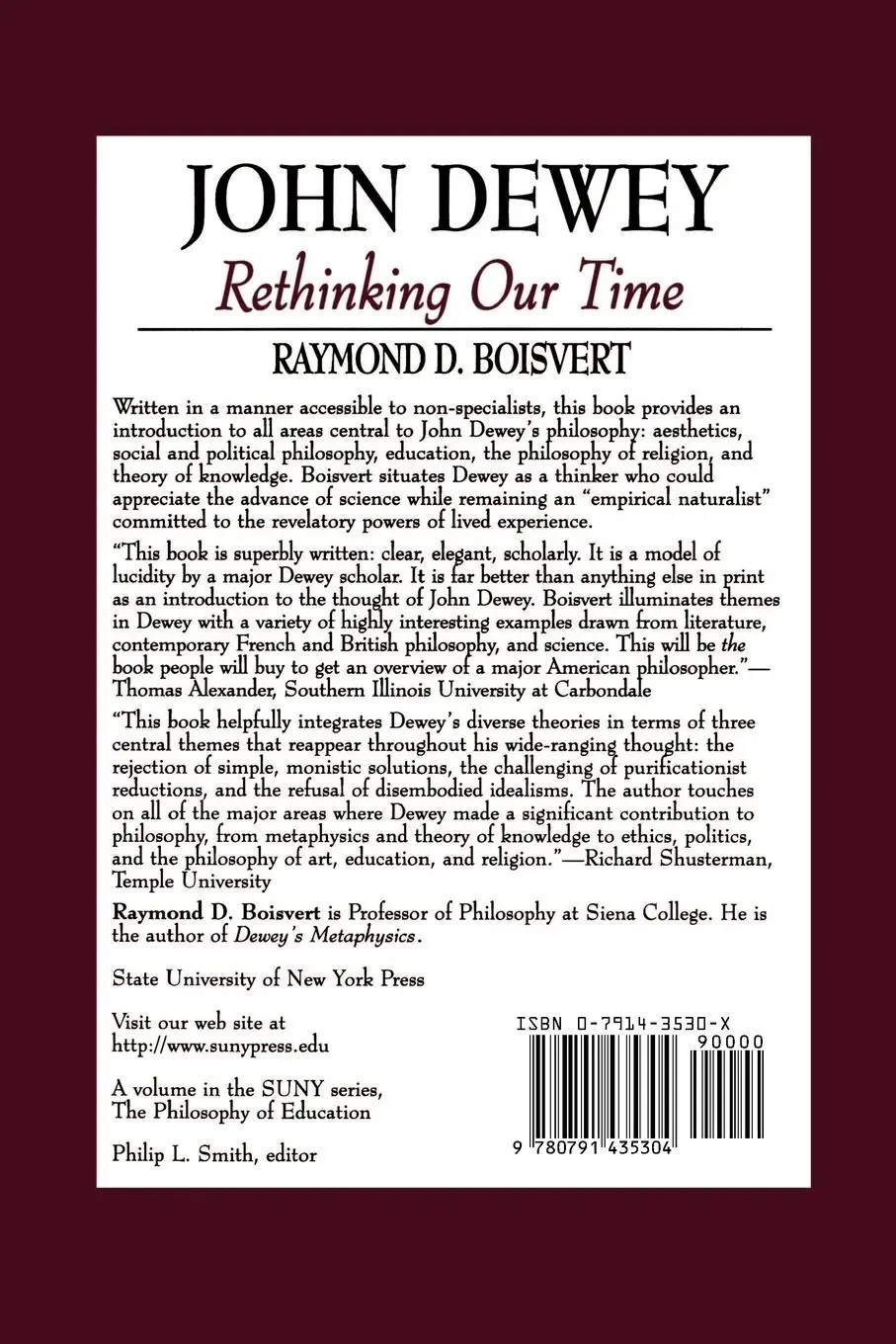 Rückseite: 9780791435304 | John Dewey | Rethinking Our Time | Raymond D. Boisvert | Taschenbuch