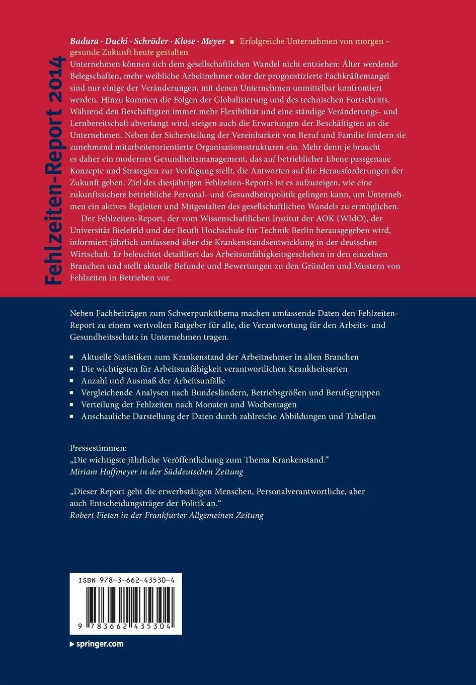 Rückseite: 9783662435304 | Fehlzeiten-Report 2014 | Bernhard Badura (u. a.) | Taschenbuch | xiv