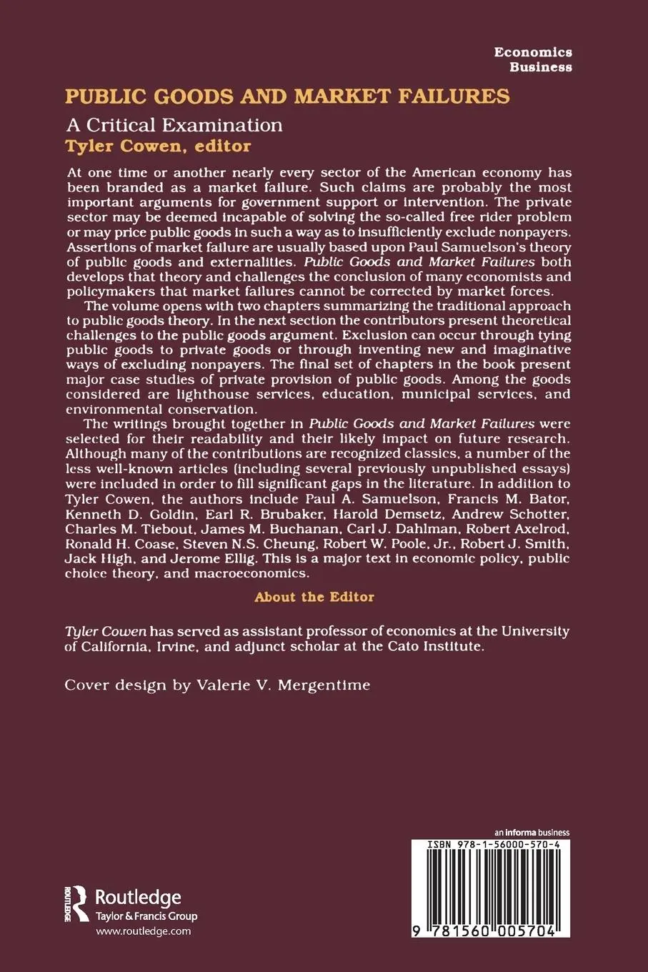 Rückseite: 9781560005704 | Public Goods and Market Failures | A Critical Examination | Cowen