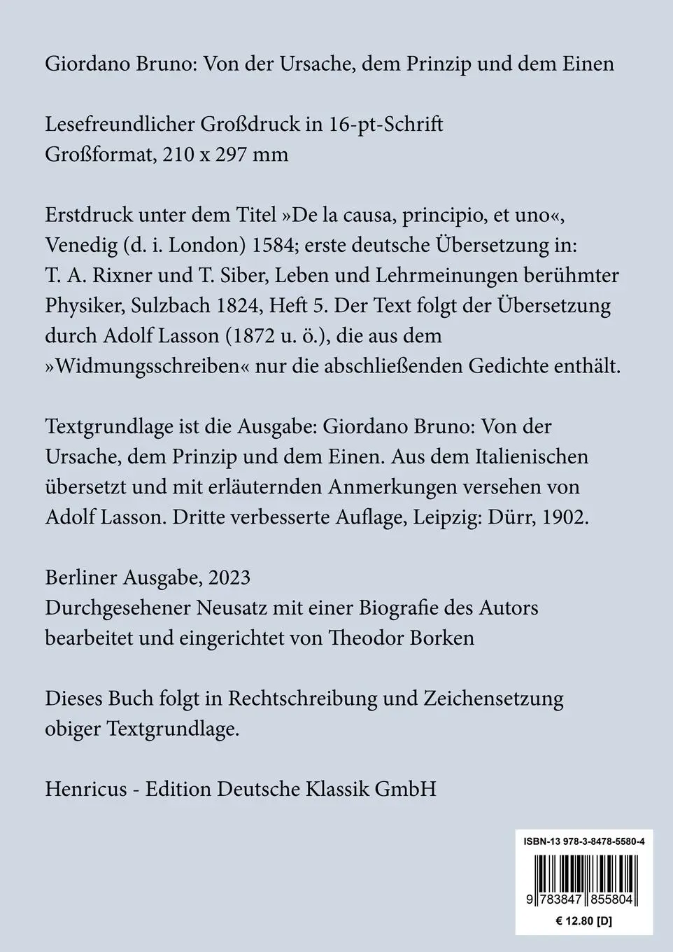 Rückseite: 9783847855804 | Von der Ursache, dem Prinzip und dem Einen (Großdruck) | Bruno | Buch