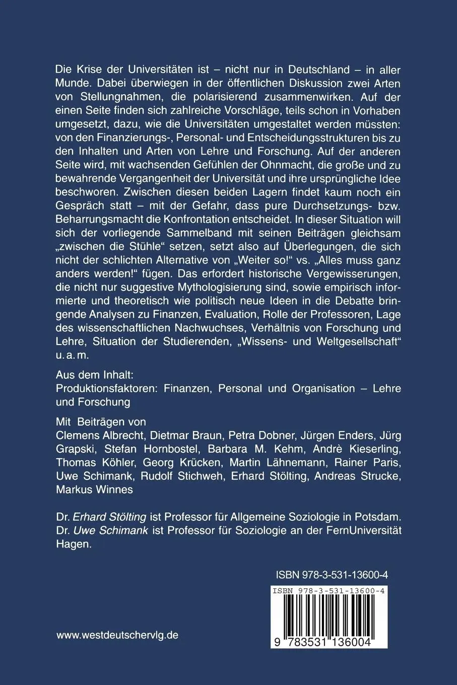 Rückseite: 9783531136004 | Die Krise der Universitäten | Uwe Schimank (u. a.) | Taschenbuch