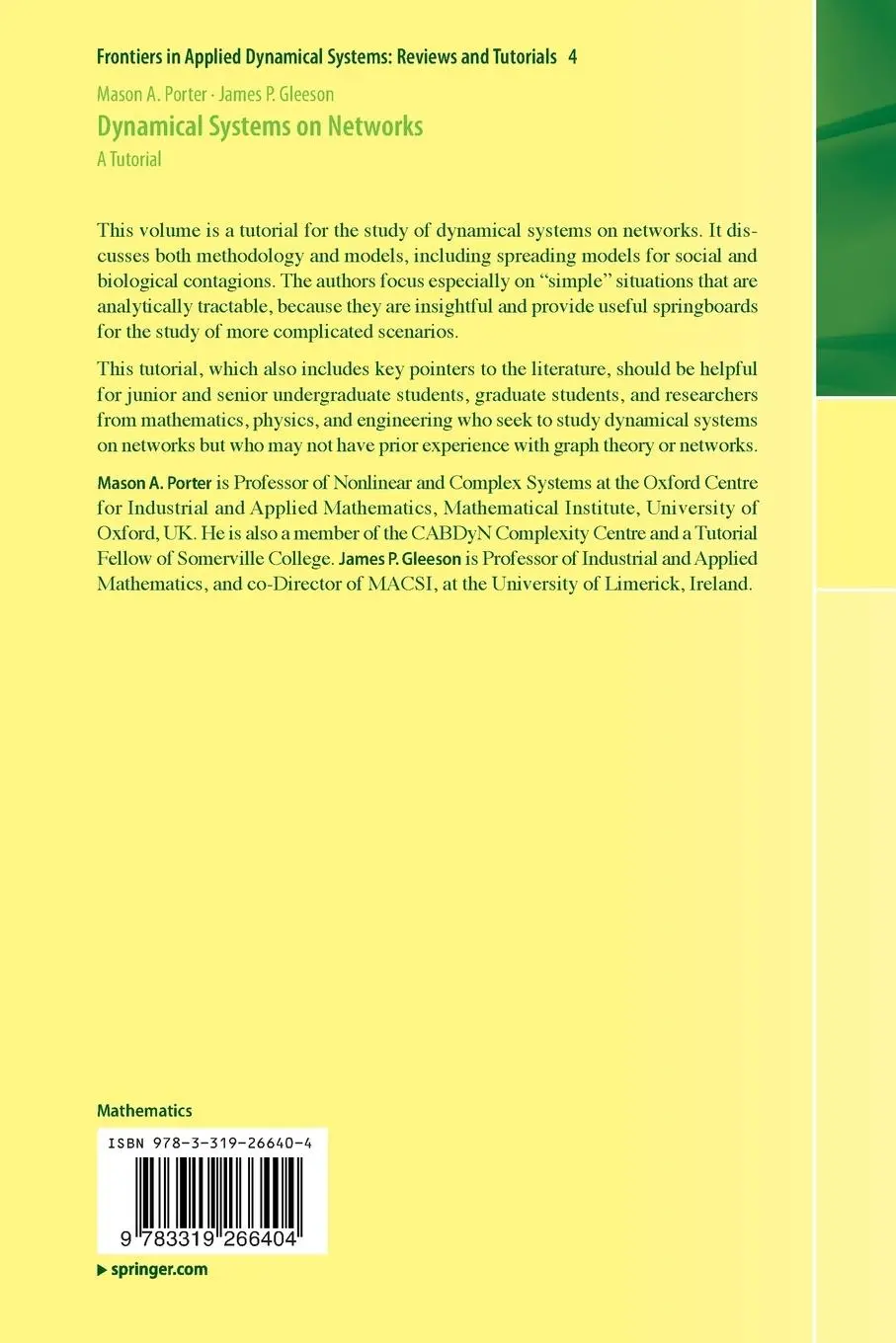 Rückseite: 9783319266404 | Dynamical Systems on Networks | A Tutorial | Mason Porter (u. a.)