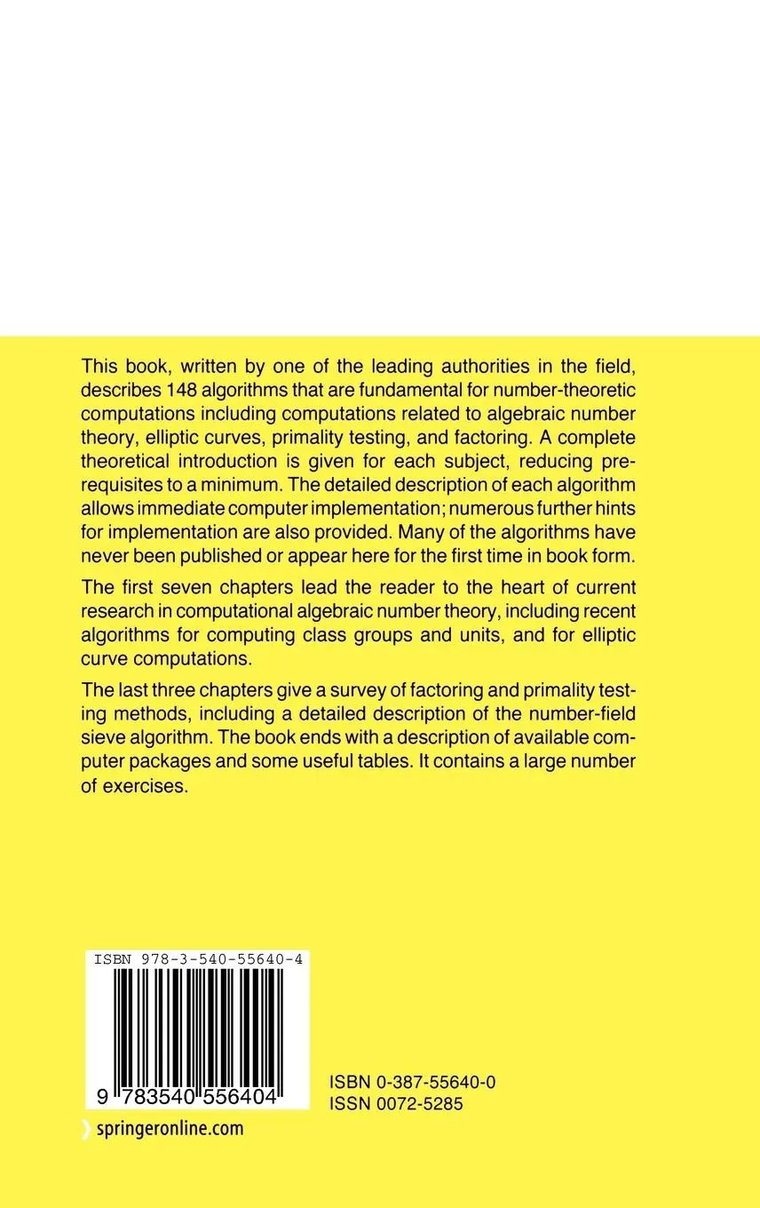 Rückseite: 9783540556404 | A Course in Computational Algebraic Number Theory | Henri Cohen | Buch