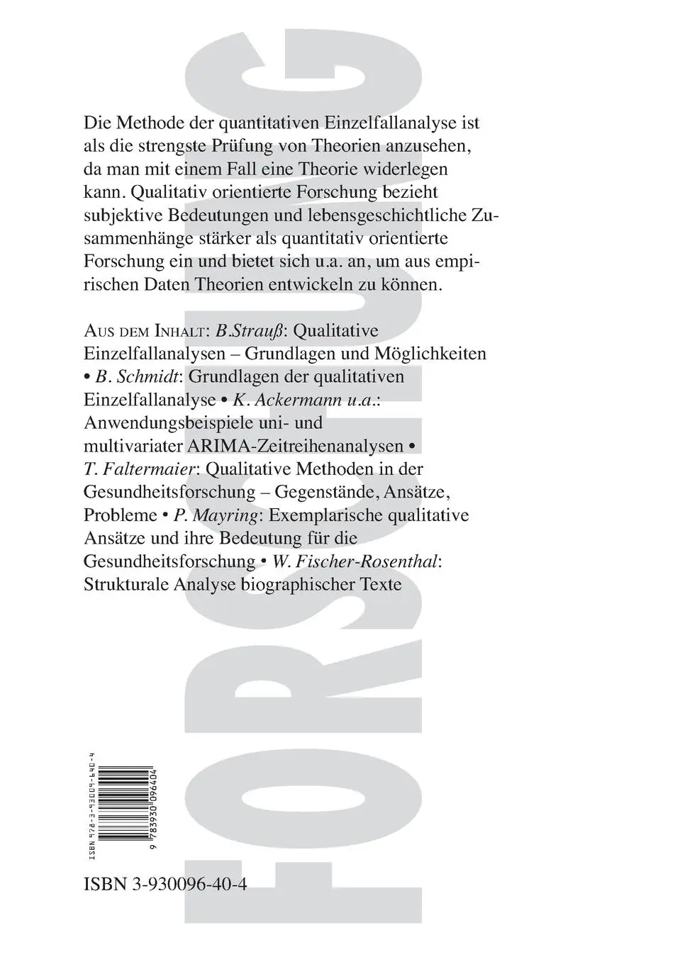 Rückseite: 9783930096404 | Quantitative Einzelfallanalysen und qualitative Verfahren | Buch