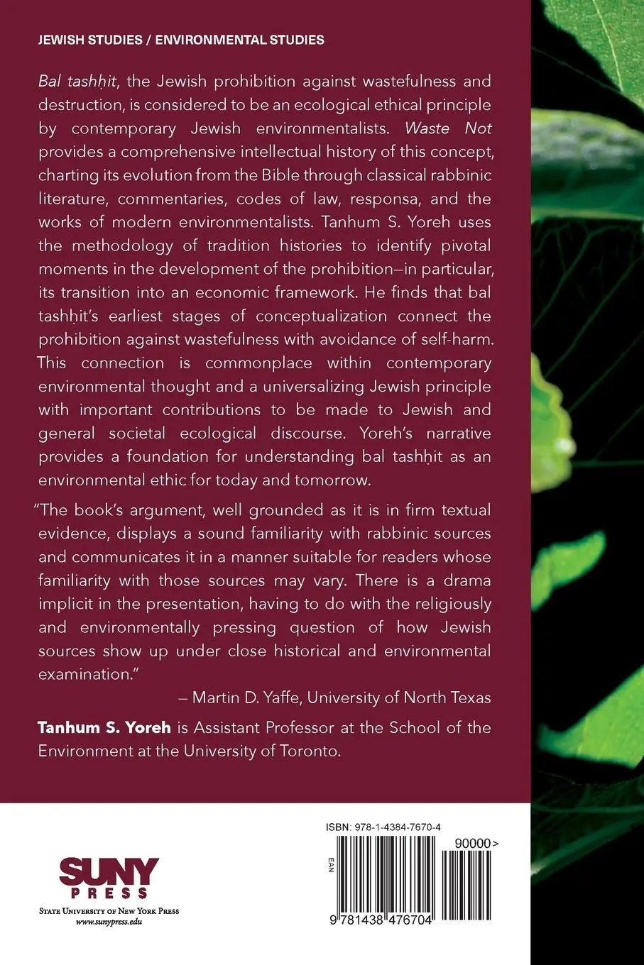 Rückseite: 9781438476704 | Waste Not | A Jewish Environmental Ethic | Tanhum S. Yoreh | Buch
