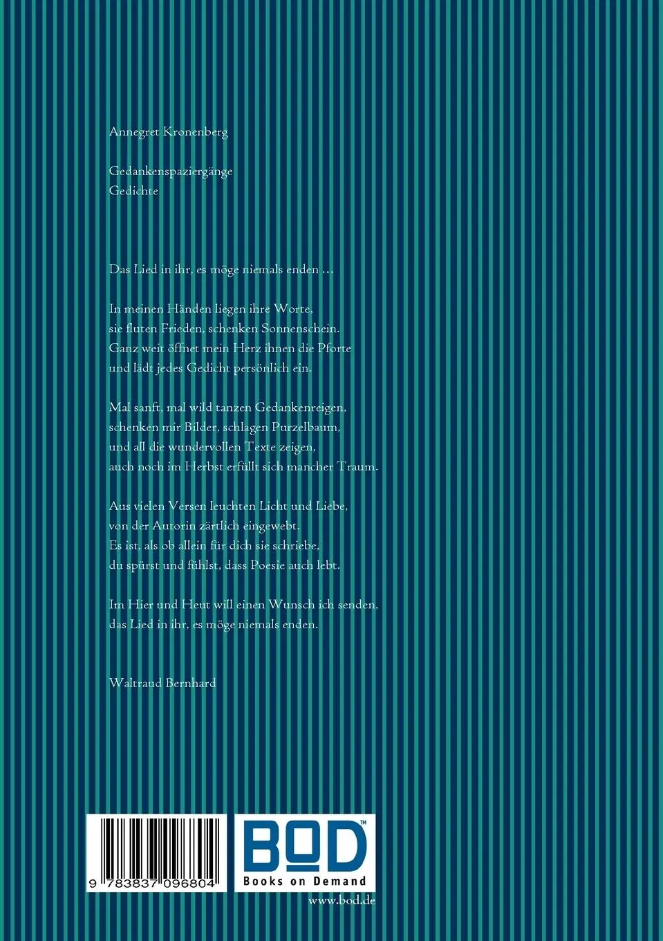 Rückseite: 9783837096804 | Gedankenspaziergänge | Gedichte | Annegret Kronenberg | Taschenbuch