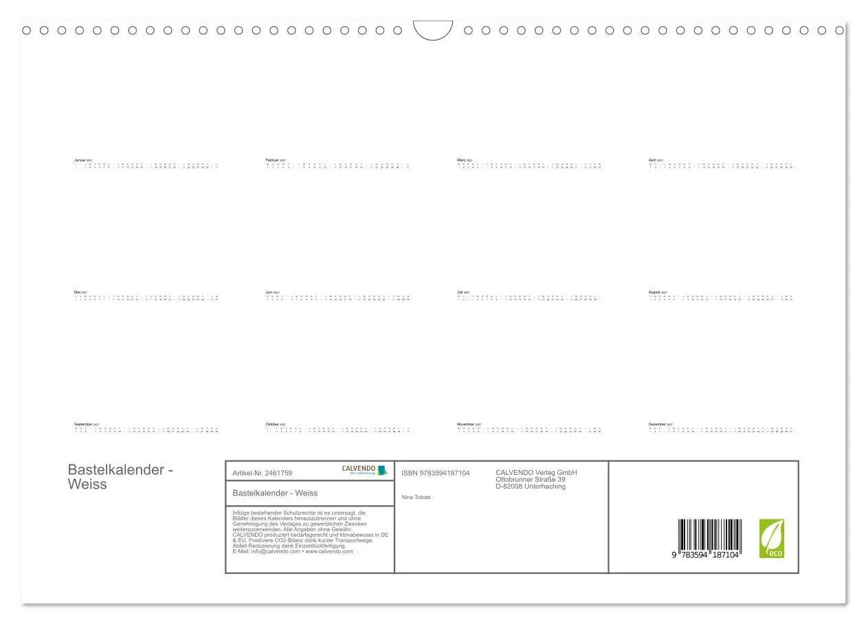 Bild: 9783594187104 | Bastelkalender - Weiss (Wandkalender 2027 DIN A3 quer), CALVENDO...