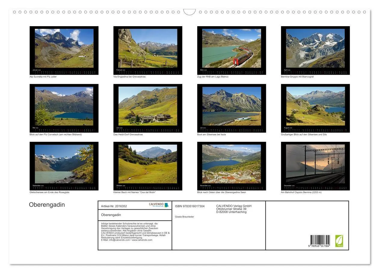 Bild: 9783516017304 | Oberengadin (Wandkalender 2026 DIN A2 quer), CALVENDO Monatskalender