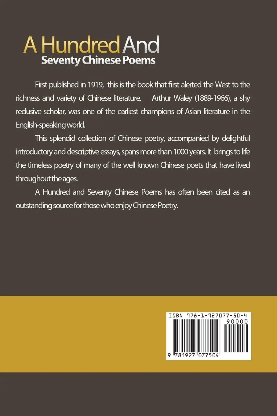Rückseite: 9781927077504 | A Hundred and Seventy Chinese Poems | Arthur Waley | Taschenbuch