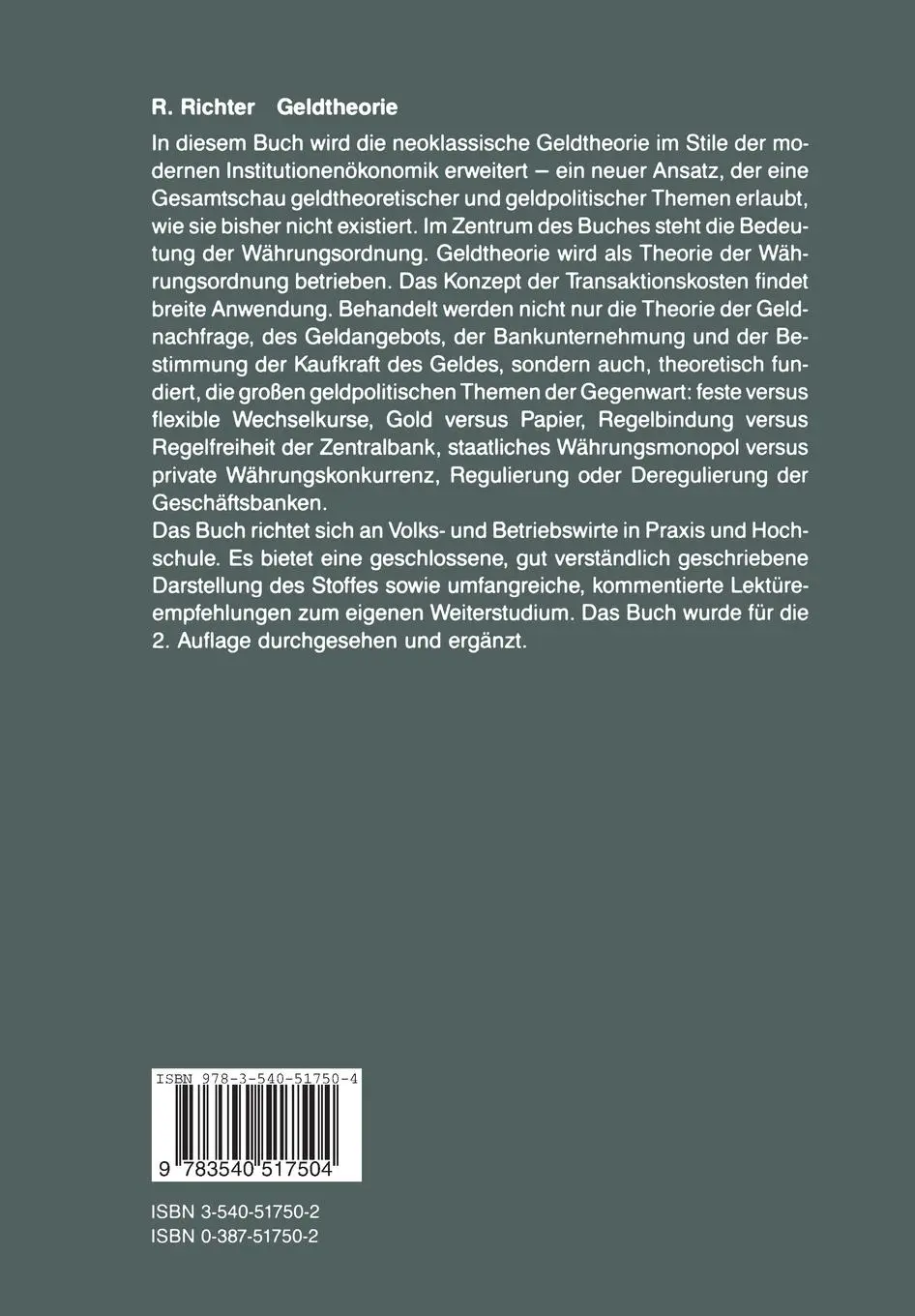 Rückseite: 9783540517504 | Geldtheorie | Rudolf Richter | Taschenbuch | xv | Deutsch | 1990