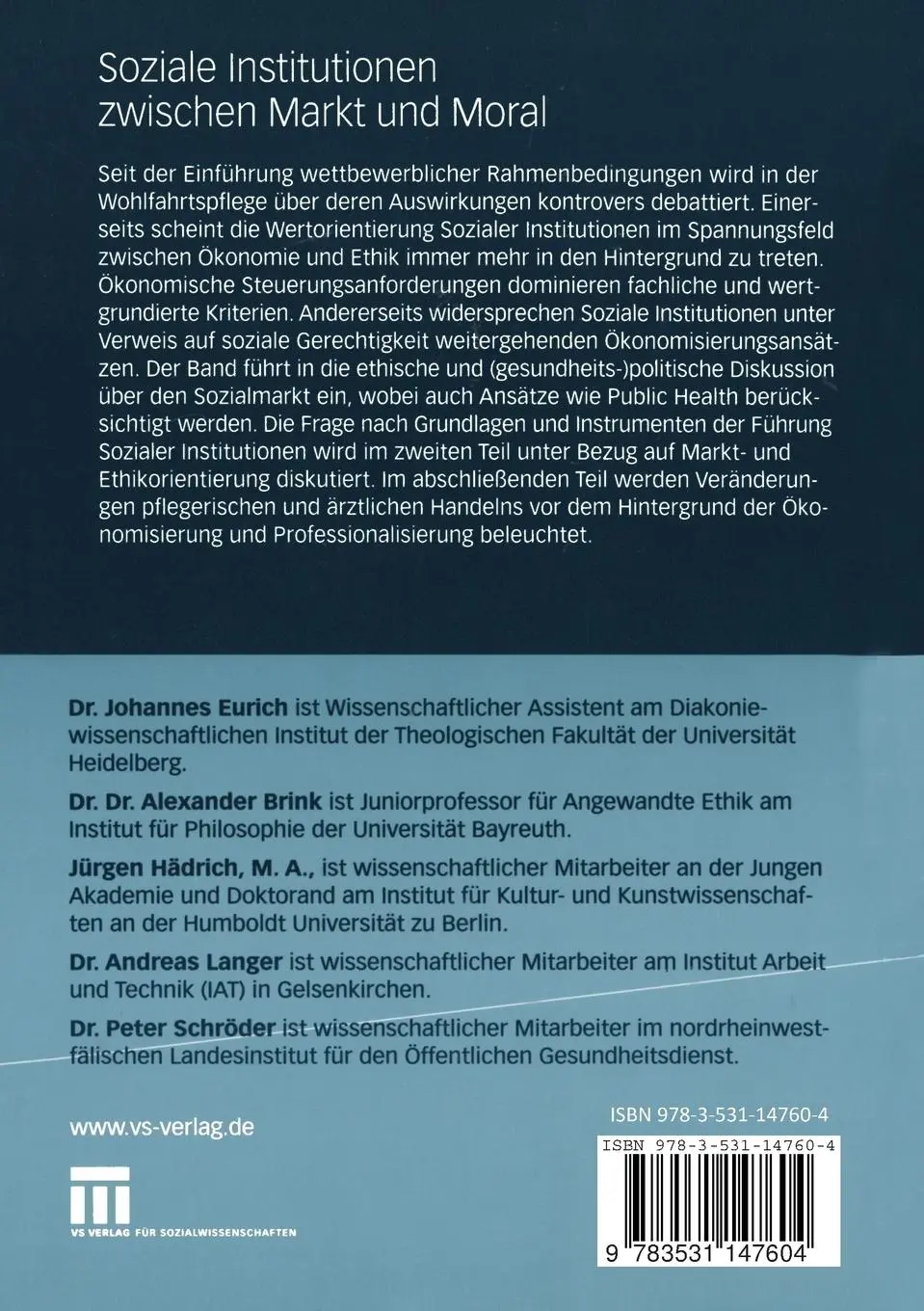 Rückseite: 9783531147604 | Soziale Institutionen zwischen Markt und Moral | Eurich (u. a.) | Buch