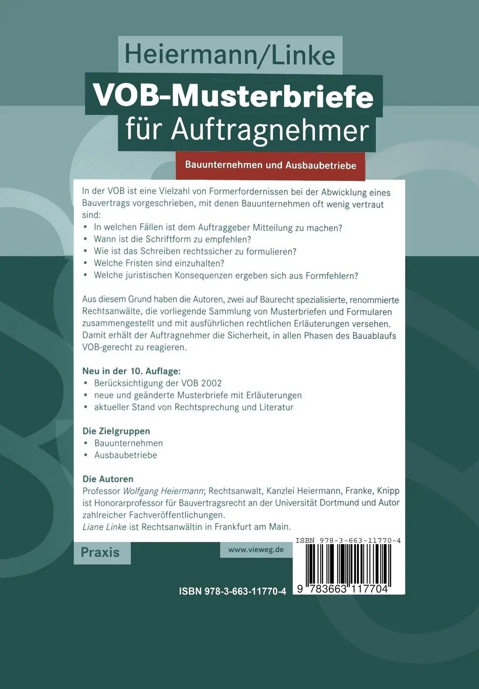Rückseite: 9783663117704 | VOB-Musterbriefe für Auftragnehmer | Bauunternehmen und Ausbaubetriebe