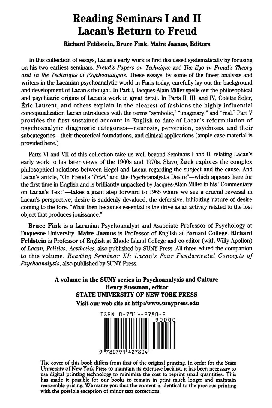 Rückseite: 9780791427804 | Reading Seminars I and II | Lacan's Return to Freud | Taschenbuch
