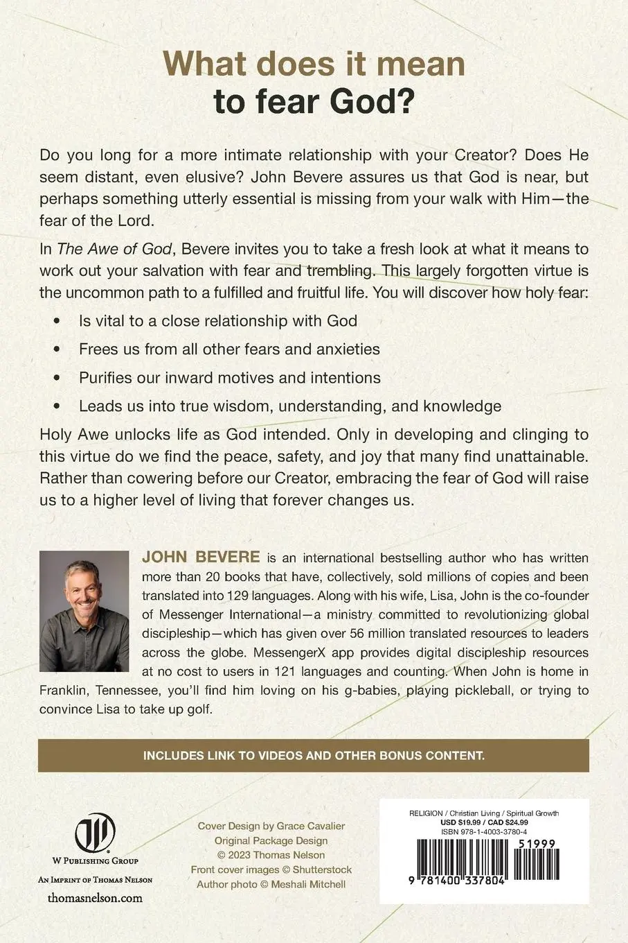 Rückseite: 9781400337804 | Awe of God Softcover | John Bevere | Taschenbuch | Englisch | 2024