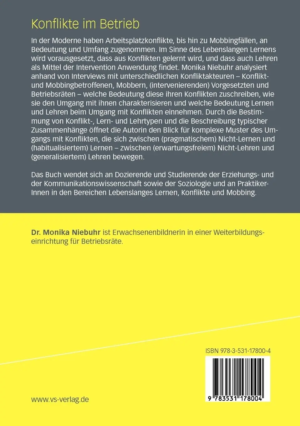 Rückseite: 9783531178004 | Konflikte im Betrieb | Monika Niebuhr | Taschenbuch | 372 S. | Deutsch