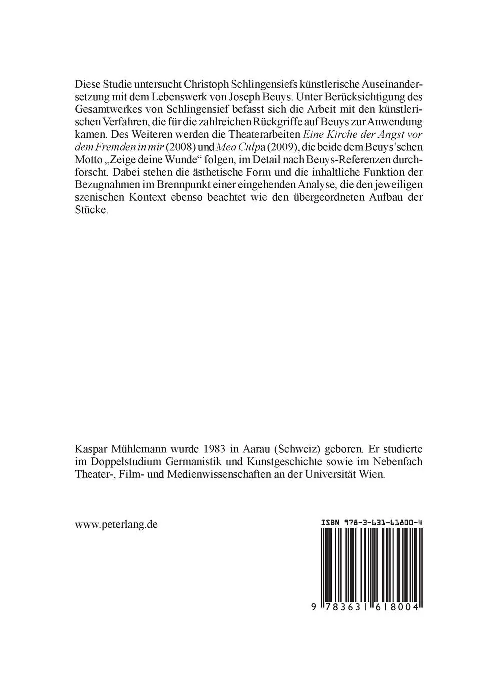 Rückseite: 9783631618004 | Christoph Schlingensief und seine Auseinandersetzung mit Joseph Beuys