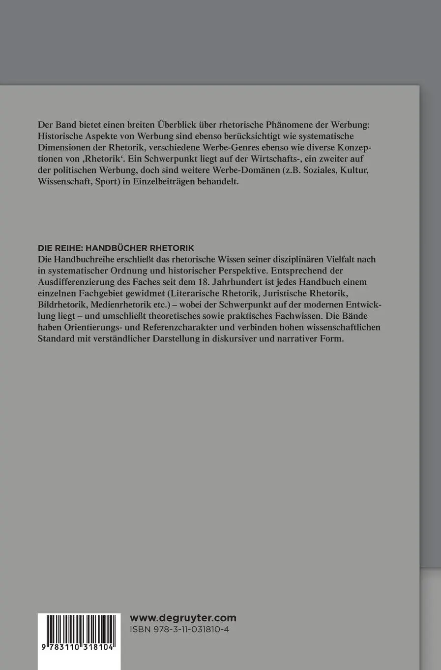 Rückseite: 9783110318104 | Handbuch Werberhetorik | Nina Janich (u. a.) | Buch | XIII | Deutsch