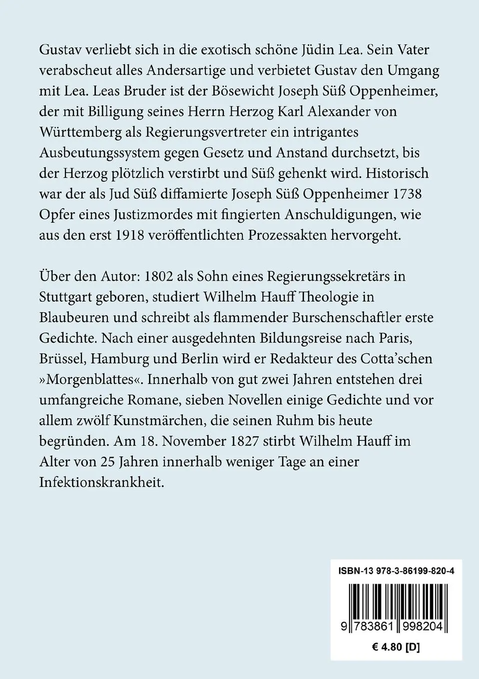 Rückseite: 9783861998204 | Jud Süss | Wilhelm Hauff | Taschenbuch | 68 S. | Deutsch | 2016