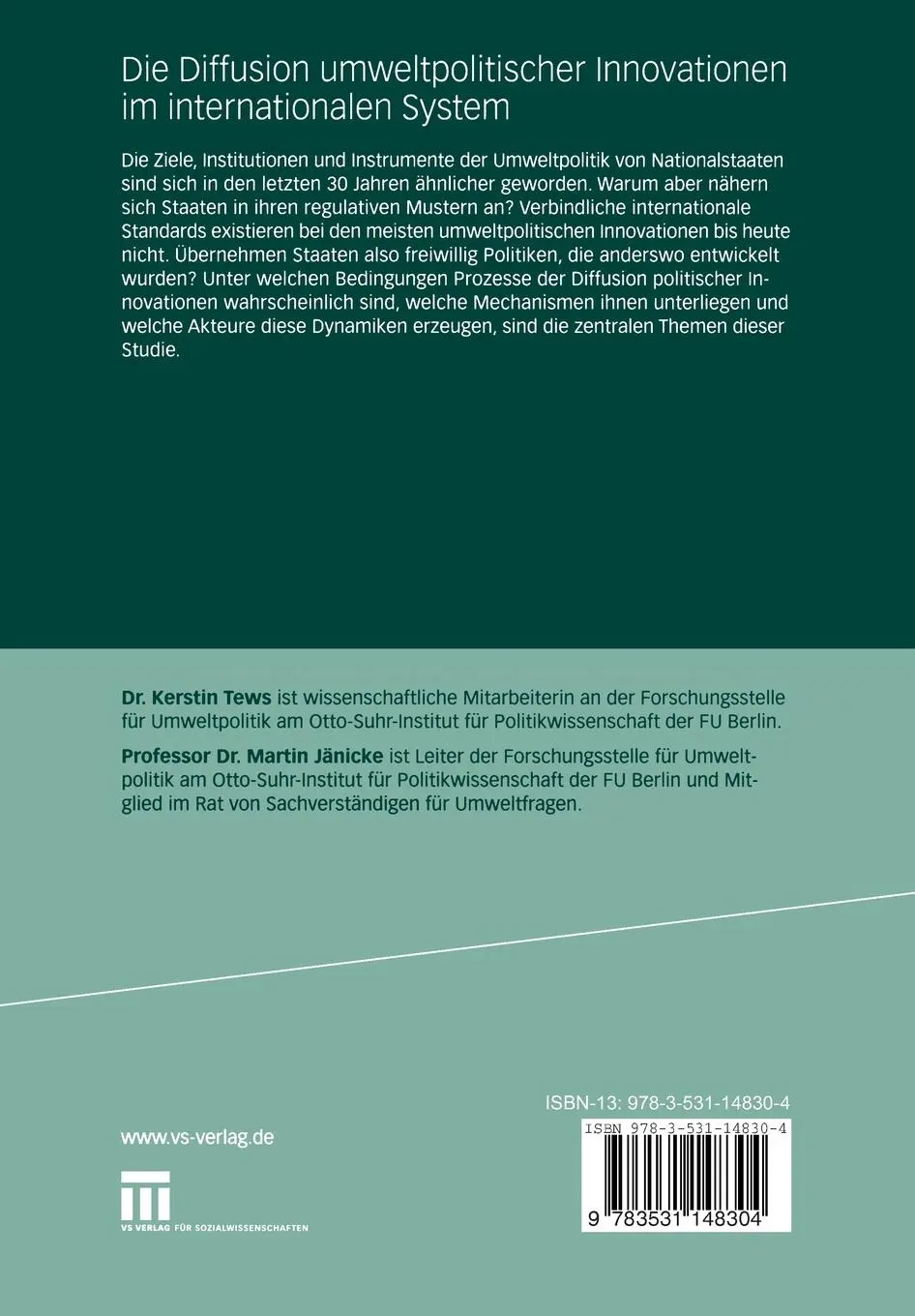 Rückseite: 9783531148304 | Die Diffusion umweltpolitischer Innovationen im internationalen System