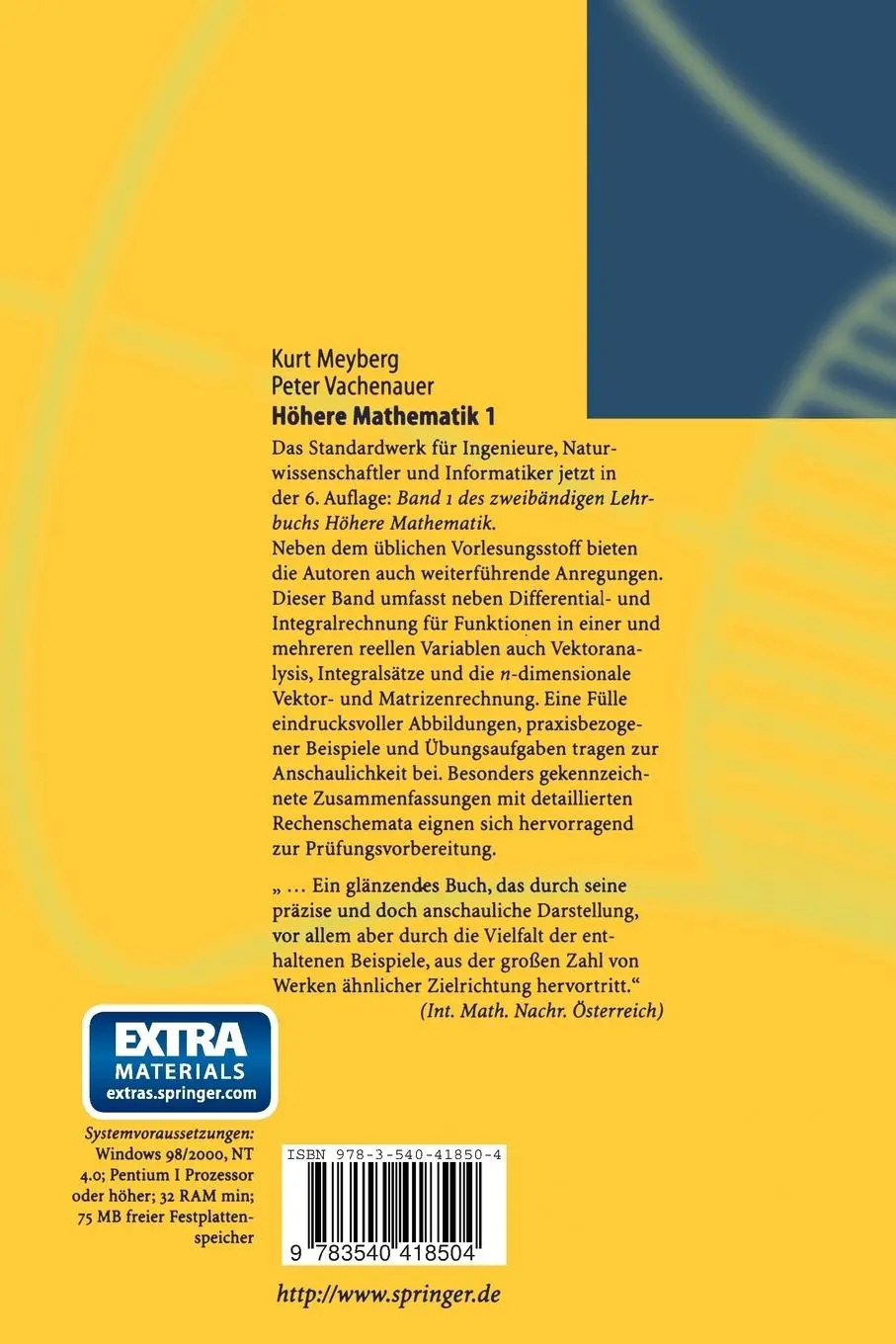 Rückseite: 9783540418504 | Höhere Mathematik 1 | Peter Vachenauer (u. a.) | Taschenbuch | XVI