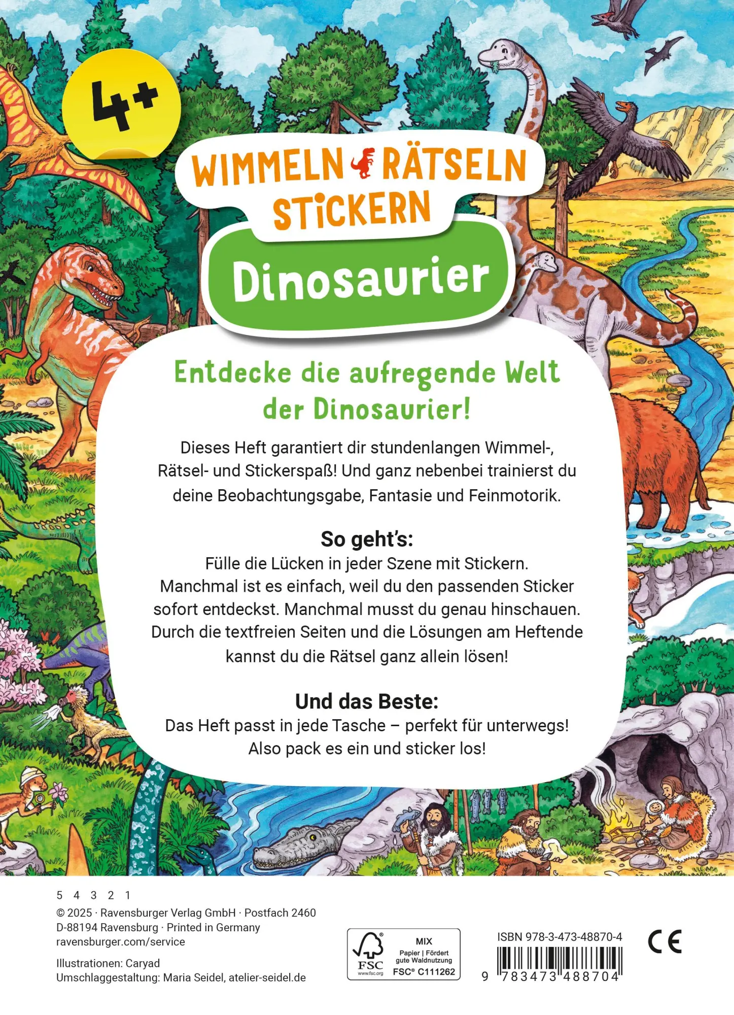 Rückseite: 9783473488704 | Wimmeln, Rätseln, Stickern: Dinosaurier | Caryad | Broschüre | 32 S.