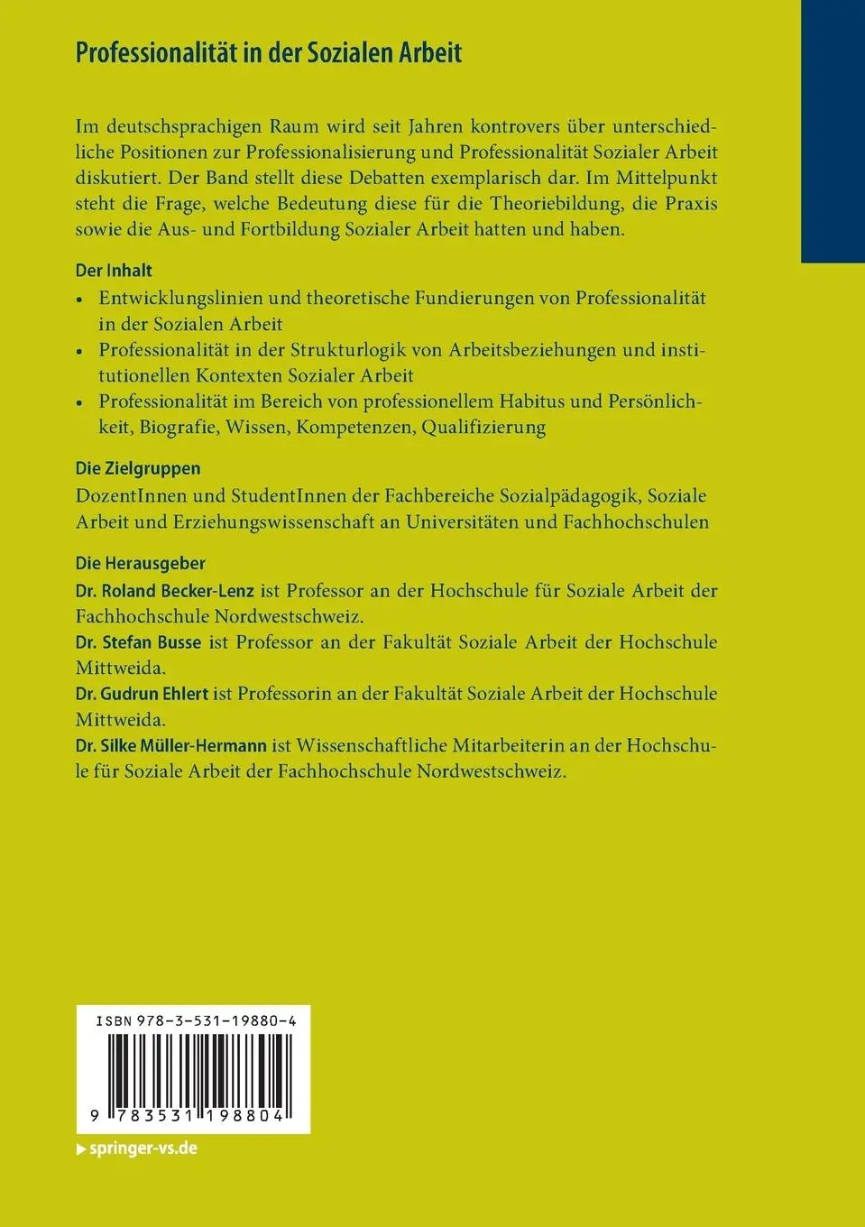 Rückseite: 9783531198804 | Professionalität in der Sozialen Arbeit | Roland Becker-Lenz (u. a.)