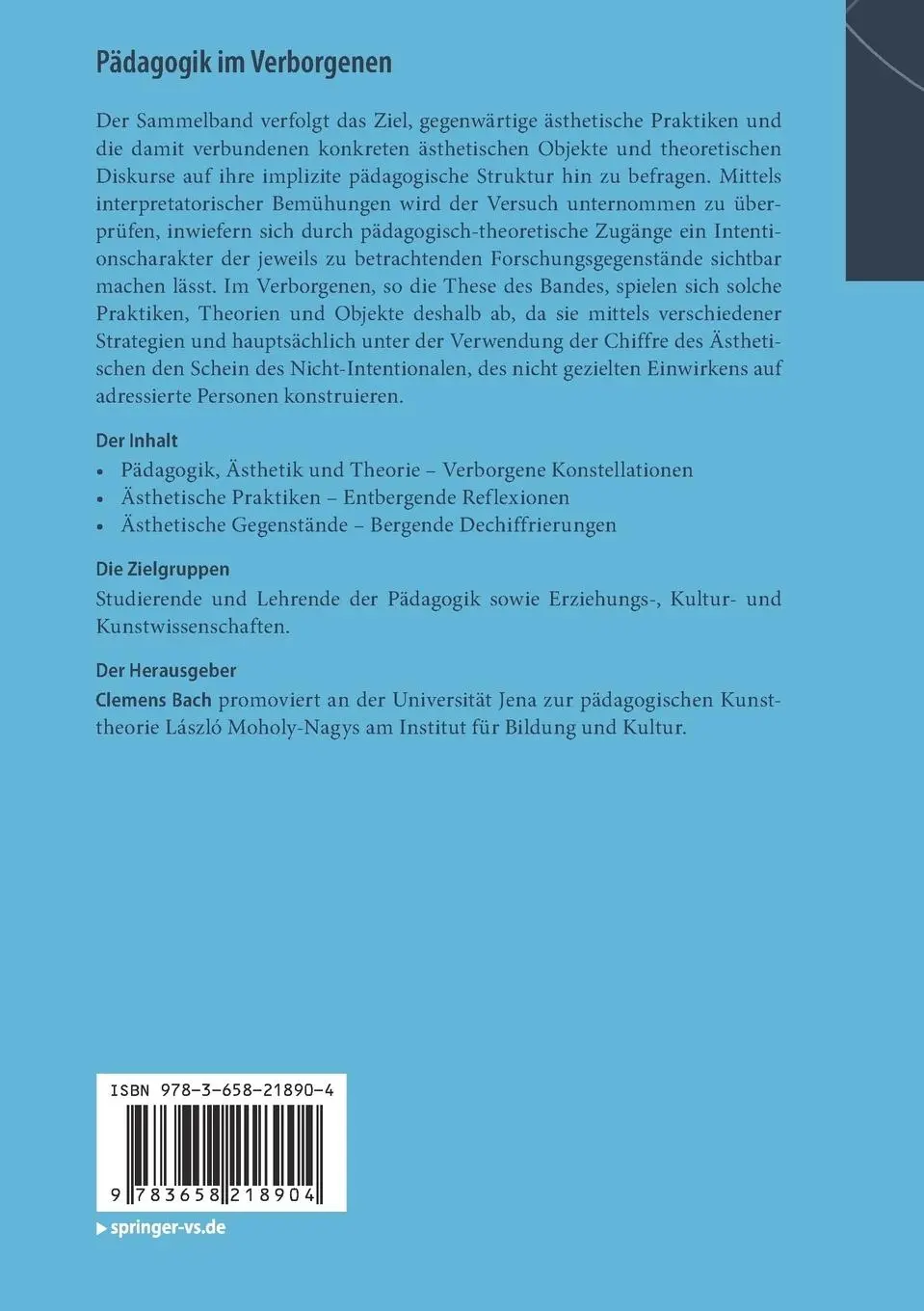 Rückseite: 9783658218904 | Pädagogik im Verborgenen | Clemens Bach | Taschenbuch | xiii | Deutsch